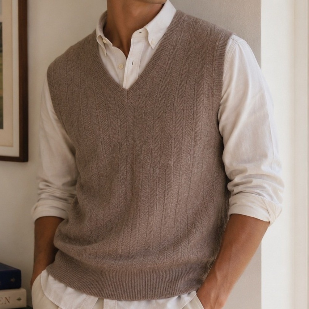 Jos A Bank Reserve Mens XL Brown 100% Cashmere Herringbone Sweater Vest Flaws